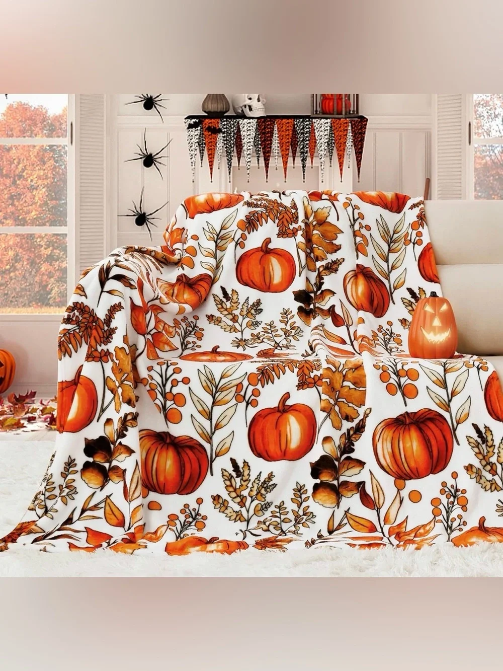 NWT Halloween Throw Blanket Fall Fuzzy Fluffy Cozy Soft Pumpkin Leaves